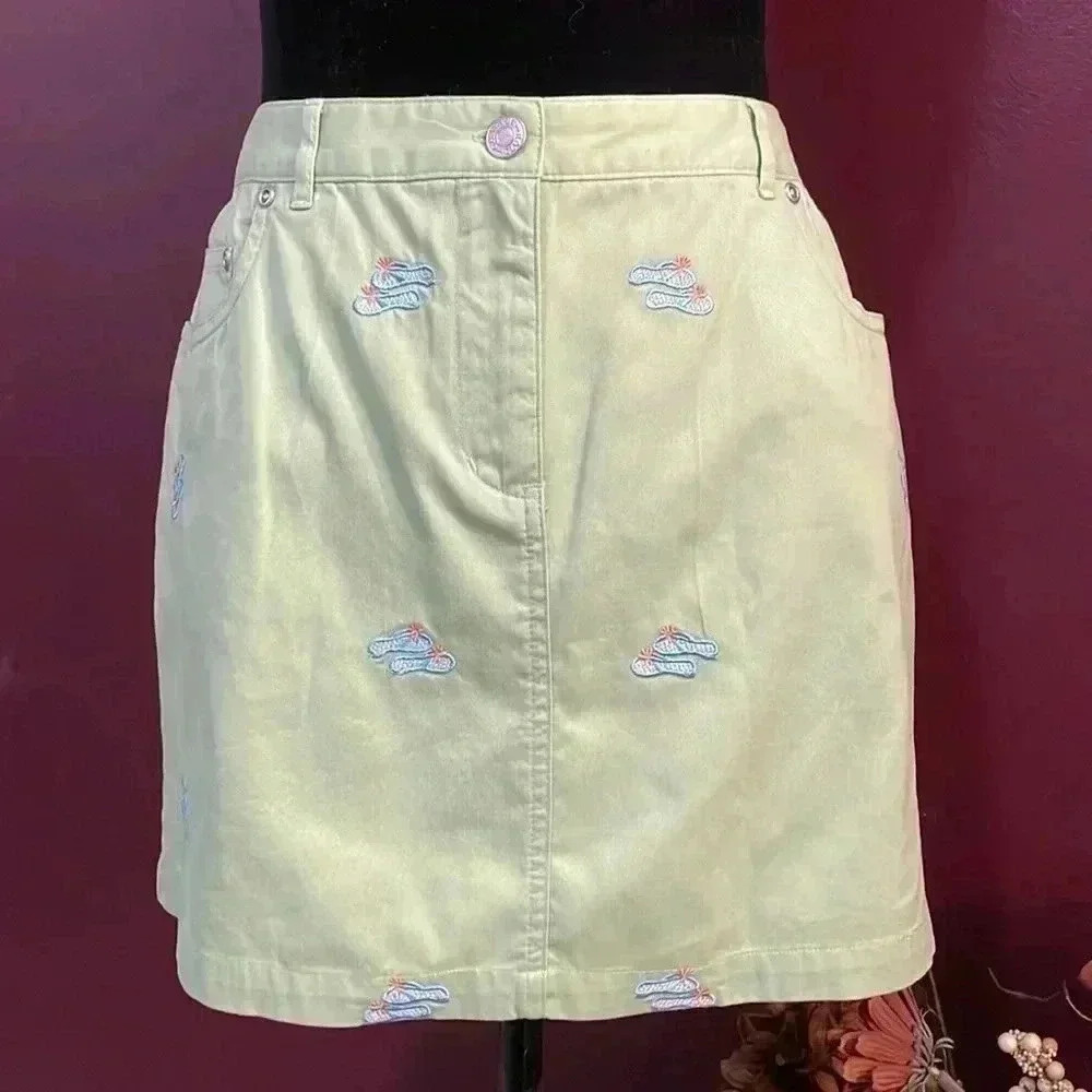 Charter Club Petite Women’s 10P Embroidered Flip Flop Green Skirt
